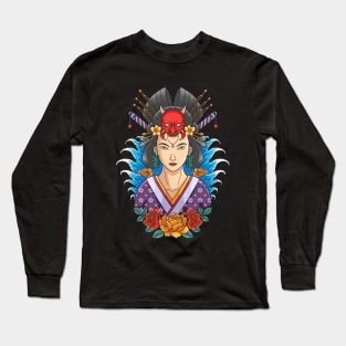 Portrait of beautiful geisha with japanese  traditional costume, flowers and wave Long Sleeve T-Shirt